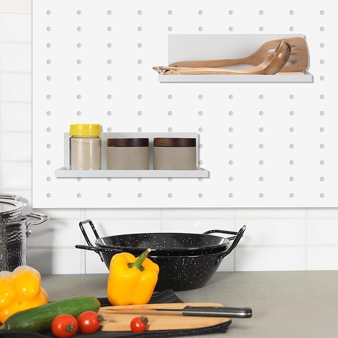 Therwen 4 Pack Magnetic Pegboard Shelves Wall Organizer Metal Pegboard Shelf Steel Tray Accessories Organizing Tools for Craft Home Kitchen(12 x 4.8 x 3.6 Inches,White)