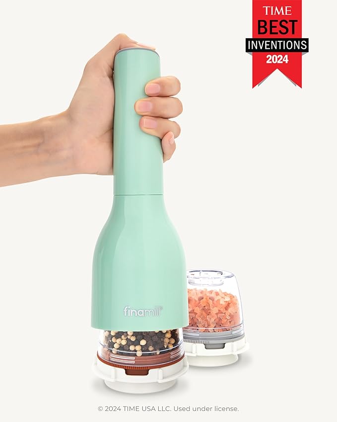 FinaMill Classic Battery Spice Mill Bundle with Slate Quartet Stackable Tray – One-Handed Grinder with Interchangeable Pods & Space-Saving Spice Organizer - Valentines Day Gifts for Food Lovers