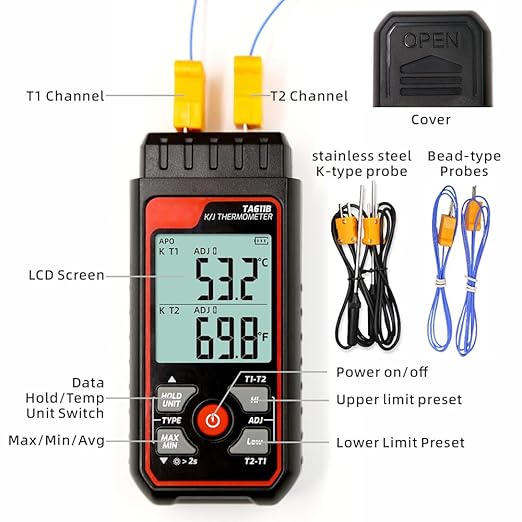 Digital Thermocouple Thermometer Dual-Channel K/J Type Thermometer -328~2501℉ Wide Range Industrial HVAC Temperature Meter with 4PCS of K-Type Thermocouple Probes, Alarm,Temp Conpensation