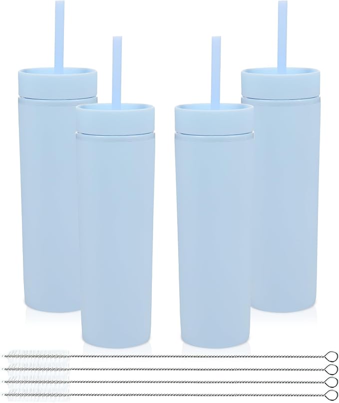 Volhoply 16oz Plastic Skinny Tumbler With Lid and Straw Bulk 4 Pack,Insulated Double Wall BPA Free Matte Acrylic Tumblers,Iced Coffee Travel Mug Reusable Party Cup,Customizable Diy Gifts(Blue,4 Set)