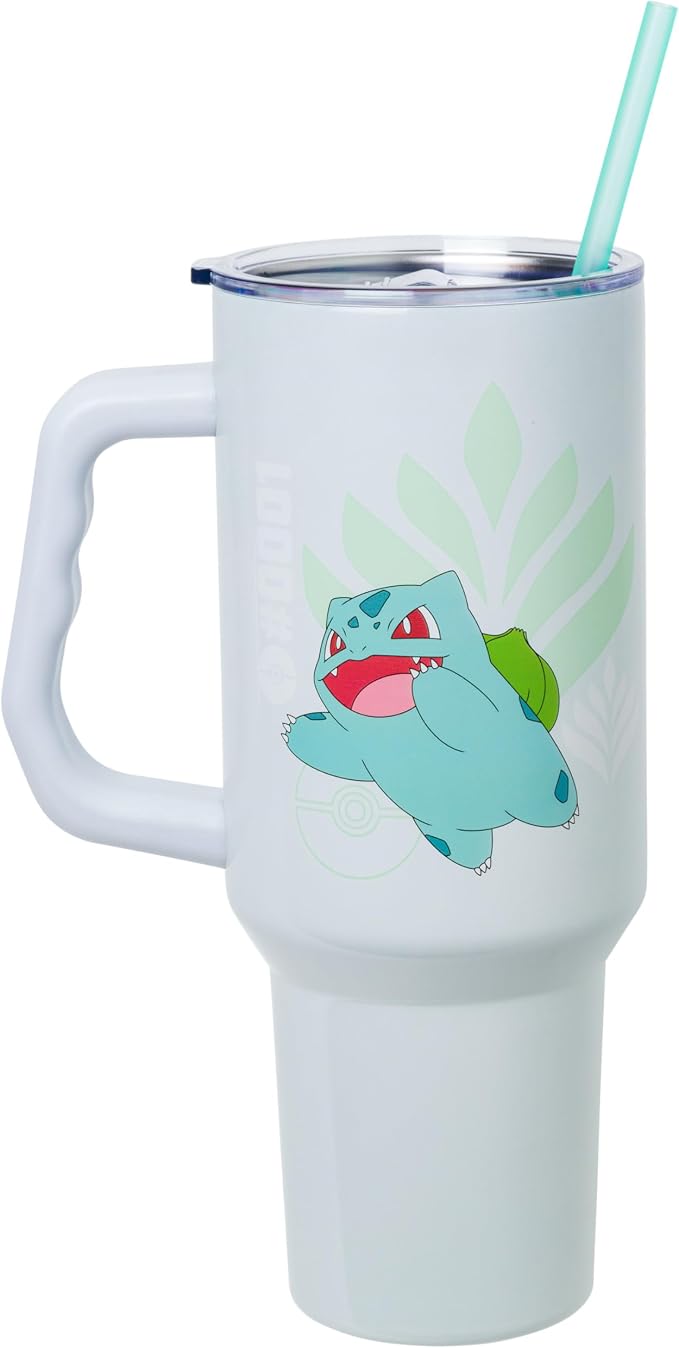 Silver Buffalo Pokémon Featuring Bulbasaur Double Walled Stainless Steel Tumbler with Handle and Straw, Fits in Standard Cup Holder, 40 Ounces