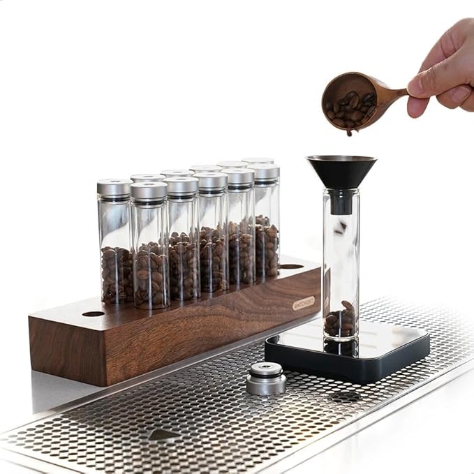 watchget 12-Piece Single Dose Coffee Bean Storage Tubes Coffee Storage Container with One-Way Exhaust Valve, Glass Vials with Walnut Wood Base And Funnel