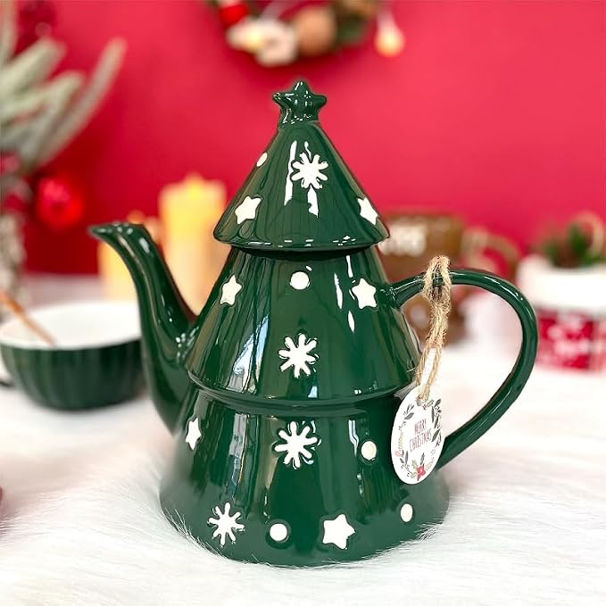 Domini Christmas Tree 28oz Teapot- Earthenware, Festive Holiday Serveware, Brewing Warm Winter Drinks - Beautiful Addition To Your Festive Table