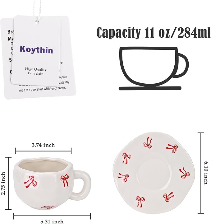 Koythin Ceramic Coffee Mug with Saucer Set, Cute Creative Bow Cup Unique Irregular Design for Office and Home, 10 oz/300 ml for Latte Tea Milk