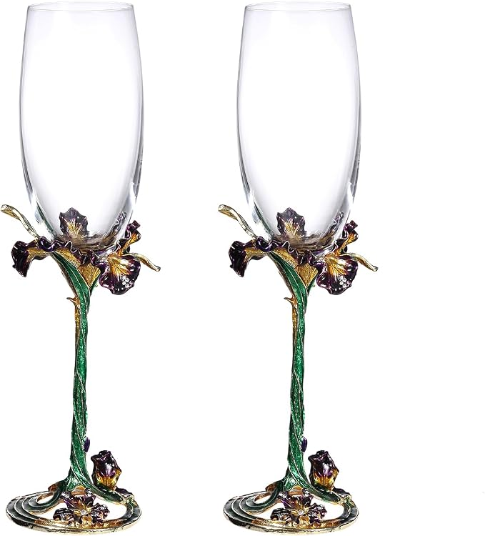 SUQ I OME Enamel Wine Crystal Champagne Flutes Glasses Set of 2, Decorative Enamel Champagne Glasses, Gifts for Brides and Grooms, Wedding, Valentine, Anniversary, Birthday