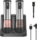 Electric Salt and Pepper Grinder Set,2 Pack Rechargeable Automatic Pepper Mill,with Charging Base,5 Level,Display,LED Lighting,Large Capacity,Kitchen Gift (2, Stainless steel, Charging Base)