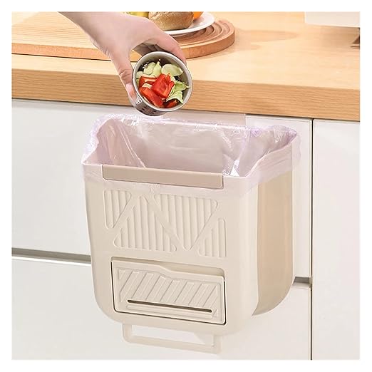 Collapsible Hanging Kitchen Trash Can No Bending Waist Bin Convenient Cleaning Garbage Disposal for Home Use Large Size Foldable Kitchen Can Wall Mounte(Beige)