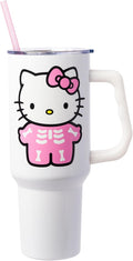 Silver Buffalo Sanrio Hello Kitty Halloween Spooky Skeleton Costume Double Walled Stainless Steel Tumbler with Handle and Straw, Fits in Standard Cup Holder, 40 Ounces