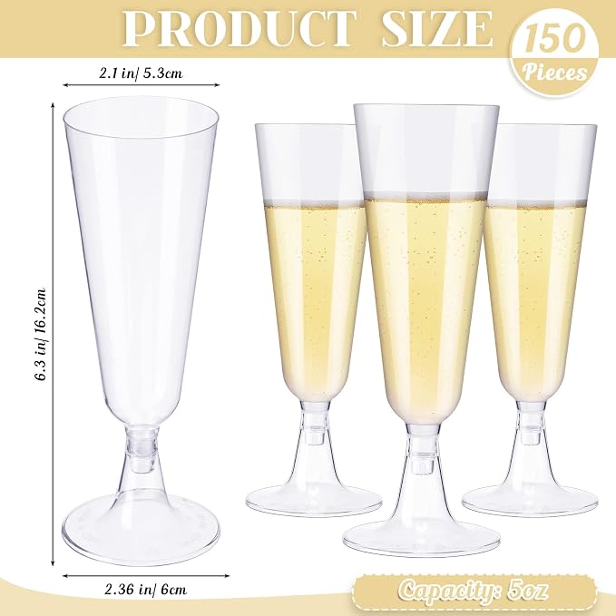 CHENGU 150 Pcs Champagne Flutes 5 Oz Plastic Disposable Champagne Flutes Crystal Wine Glasses Reusable Plastic Cocktail Cups for Wedding Celebration Toasting Drinking (Clear,Classic)