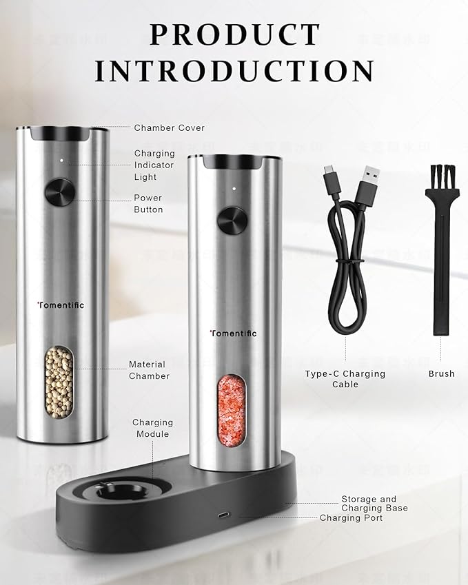 Electric Salt and Pepper Grinder Set with Rechargeable Base - Upgraded Large Capacity, Refillable Pepper Mill Set with LED Light & Adjustable Coarseness, Ideal for Kitchen, Outdoor (Polished Silver)