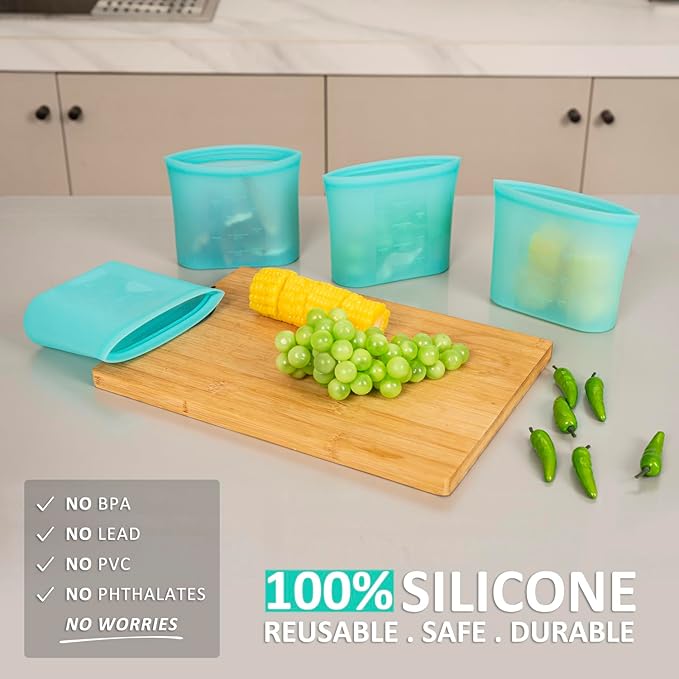Bundle of 6 Pack Mini Collapsible Silicone Snack Containers with Lids + 4 Pack 100% Silicone Reusable Food Storage Bags 16oz Aqua