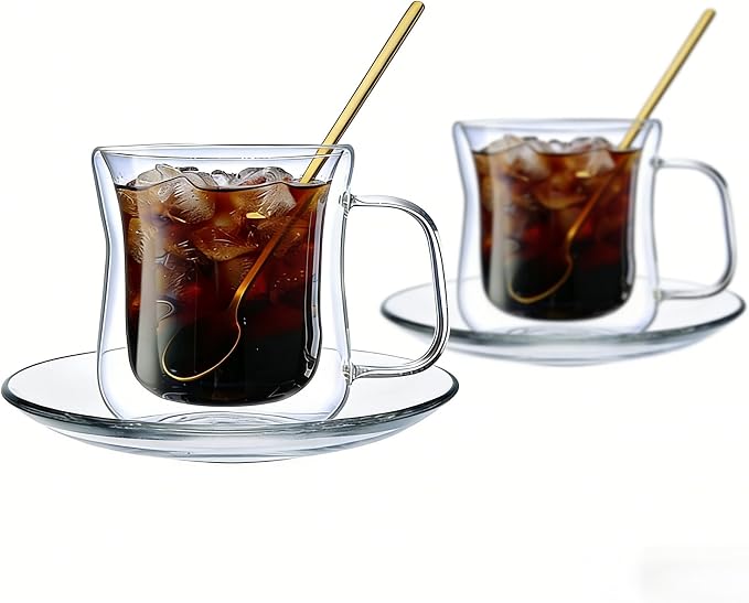 Double Wall Glass Teacups and Coffee Mugs Set, Clear, 8.5oz, 2 Pack | Waisted Style Tumblers With Saucer and Spoon, For Cappuccino, Latte, Hot and Cold Drinks
