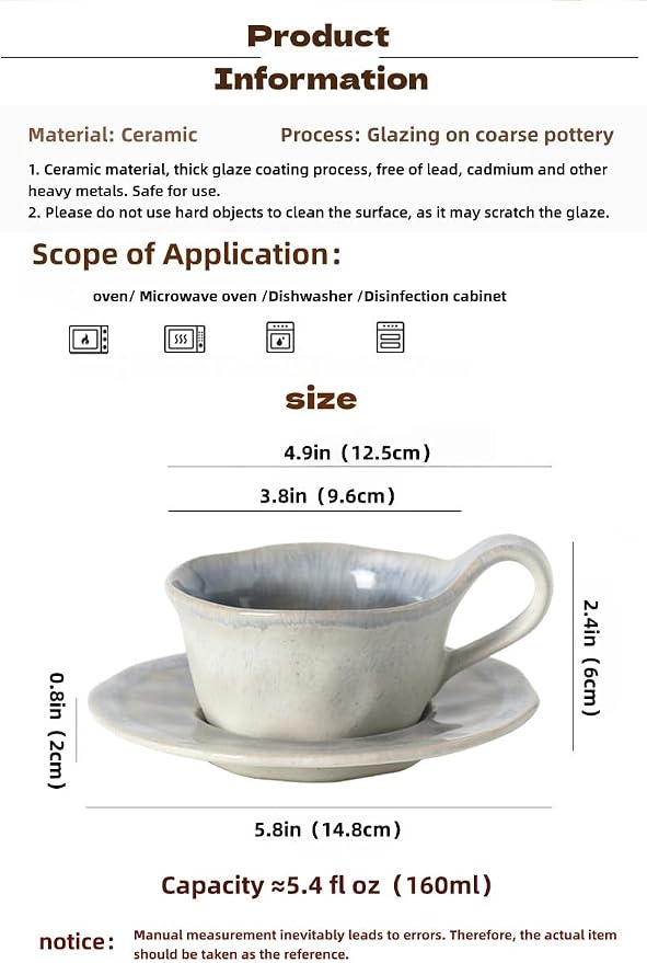 Japanese Raku Porcelain Ceramic Coffee Mug Set 5.4 fl oz with Saucer & Spoon - Handmade Modern Tea Cups for Espresso, Latte, Cappuccino - 2 Color (White&Blue, Brown&Yellow) (brown + yellow)