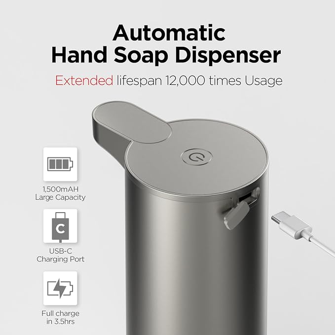 mooas Automatic Foaming Hand Soap Dispenser 2 Set (White & Metal) Stainless Steel Rechargeable 2 Level Adjustable Touchless Soap Dispensers for Kitchen, Bathroom, Commercial 9.4oz Each