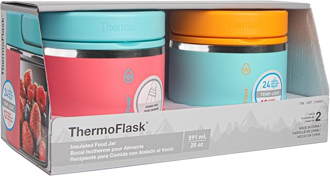 ThermoFlask 20 oz Double Wall Insulated Food Jar, 2-Pack, Sugar Coral + Maui Blue/Maui Blue + Sunrise