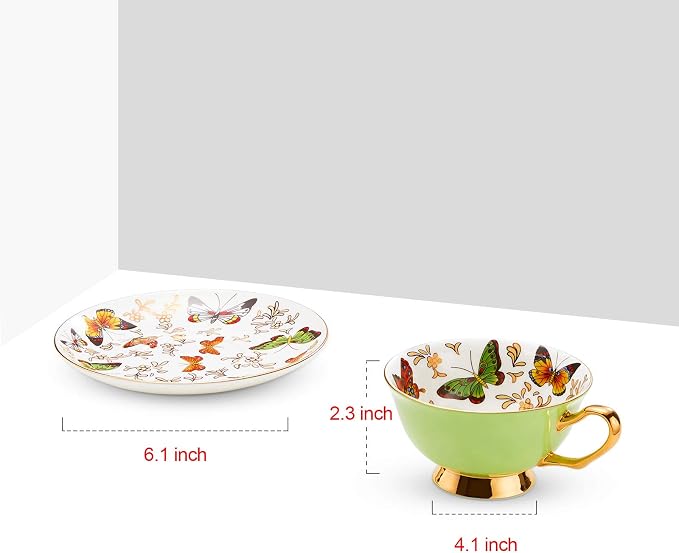 LURRIER Coffee Cup Mug with Saucer for Latte, Cappuccino Tea with Butterflies 6.8 Oz Fine Bone China, Dishwasher Safe, Reactive Glaze, 1 Pcs (Green)