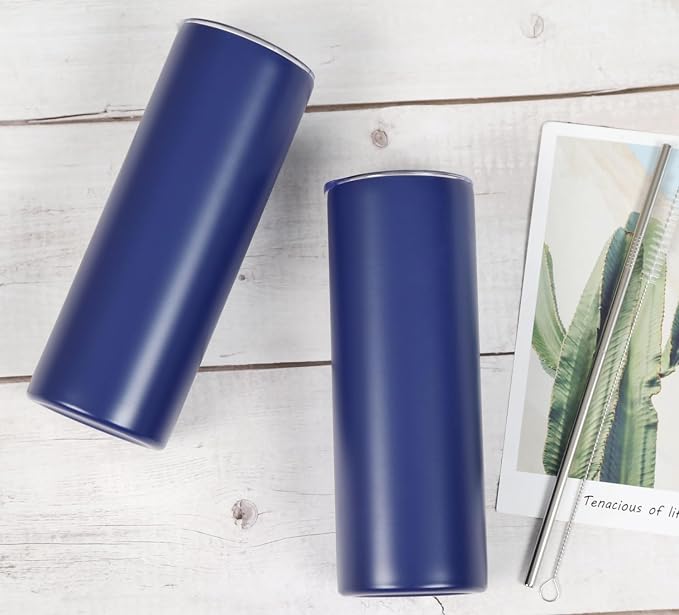 8 Pack 20 Oz Stainless Steel Straight Skinny Tumblers, Insulated Slim Thin Travel Cup Set for DIY, Navy