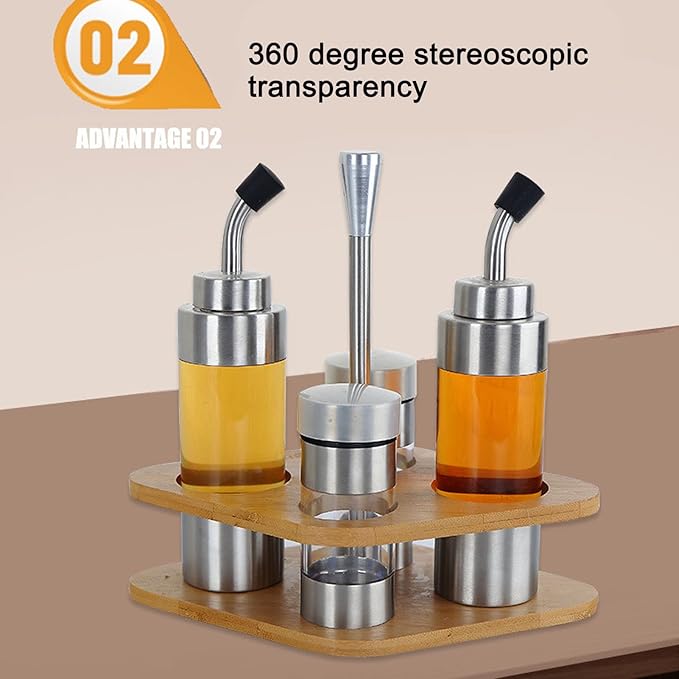 4-Pack Stainless Steel Kitchen Dispenser Set with Wooden Holder - Precision Olive Oil, Vinegar, Salt & Pepper Bottles for Home & Restaurants