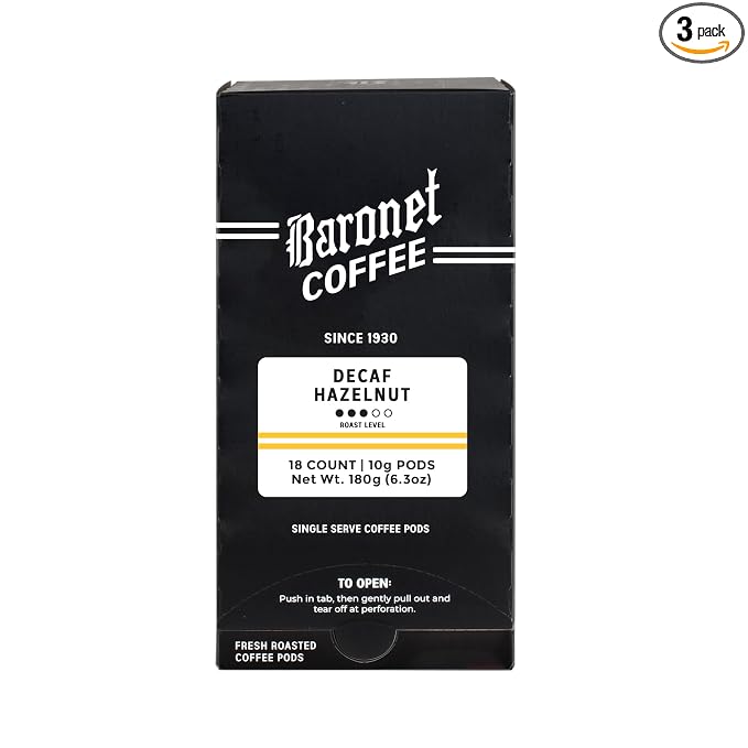 Baronet Coffee Pods [DECAF Hazelnut-54 Pods] Flavored Single Cup Use, Like Senseo [3 Boxes of 18 Single Serve 10 Gram] Regular Strength, Med Roast [Decaf Hazelnut]
