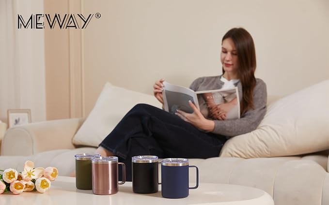 MEWAY 12oz Coffee Mug With Handle 2 Pack Bulk,Stainless Steel Insulated Travel Tumblers With Sliding Lid,Double Wall Vacuum Camping Cup for Hot & Cold Drinks Tea (Sliver,Set of 2)