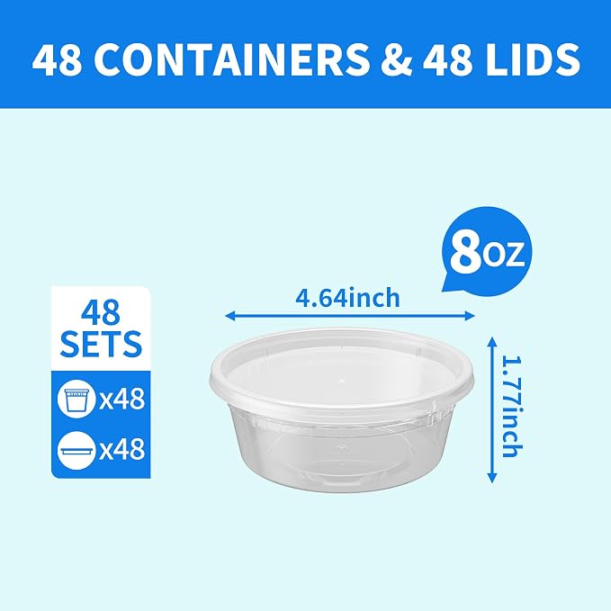 Plastic Deli Containers with Lids, 48 Sets 8 oz Soup Storage Meal Prep Box