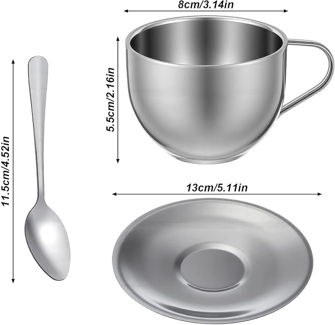 4 Pack Stainless Steel Coffee Cup Set, 6 Oz Coffee Mugs with Spoon and Saucer Insulated Espresso Cup Double Walled Silver Tea Set for Latte Milk, Cappuccino