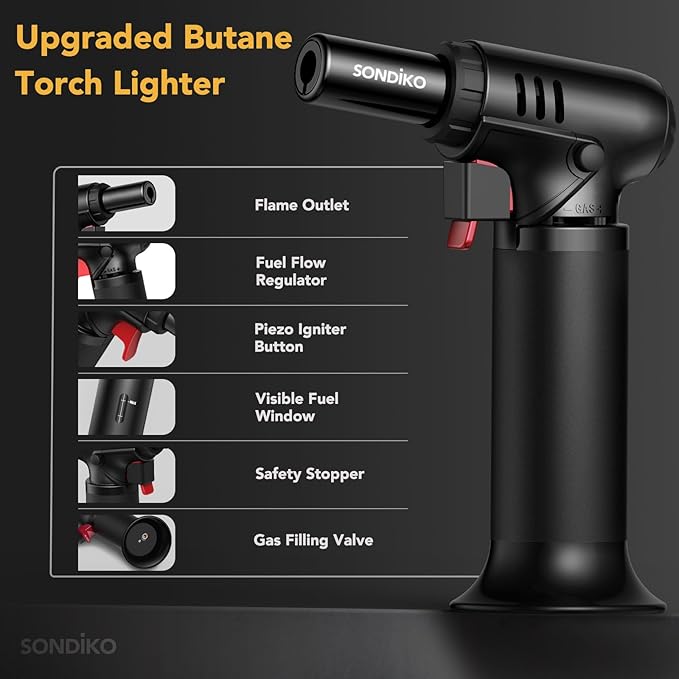 Sondiko Butane Torch Lighter with 2 Pack 100ml Premium Butane Fuel Canister, Refillable Adjustable Flame Soldering Torch with Visible Fuel Window, All-in-One Kit for Welding, Resin Art, BBQ & Camping