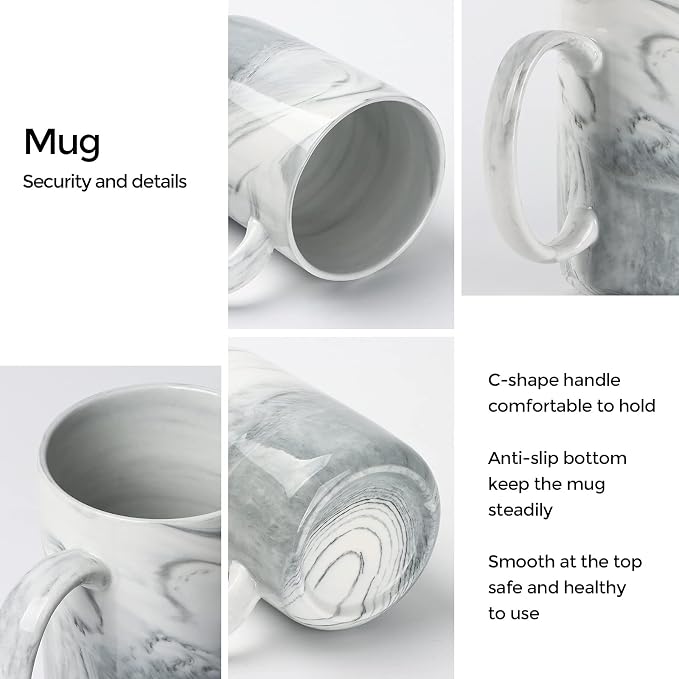 14 OZ Marble Coffee Mugs, M068 Novelty Marble Ceramic Cup for Home and Office, Microwave Dishwasher Safe, Set of 4, Gray