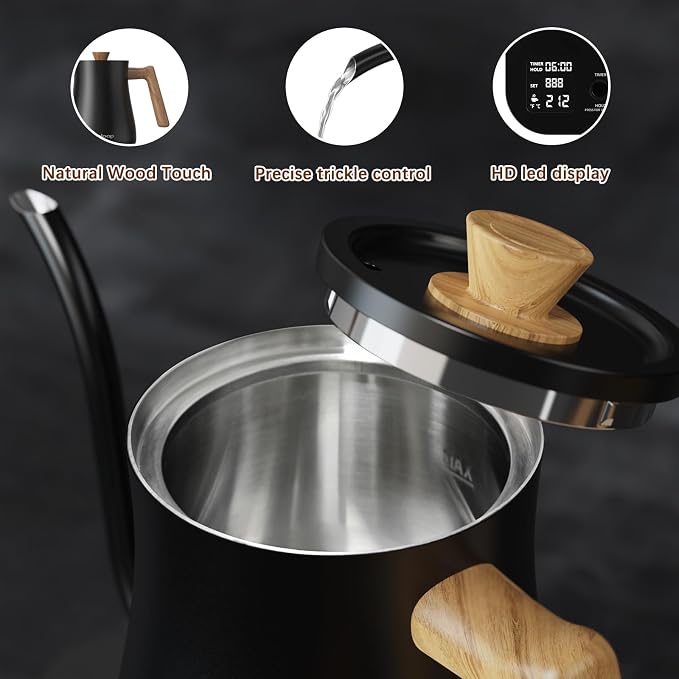 Gooseneck Electric Kettle, Electric tea Kettles, ±1℉ Temperature Control for Pour-Over Coffee & Tea Brewing, Stainless Steel Inner, Quick Heating, Boil Hot Water, 1200W/0.8L (Black Wooden)