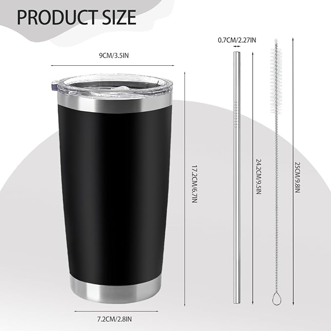 YOUKE OLA 12 Pieces Insulated Coffee Tumbler Blank Stainless Steel Double Wall Vacuum Travel Tumbler Cup with Lid and Straw for DIY Gift, Black 20oz