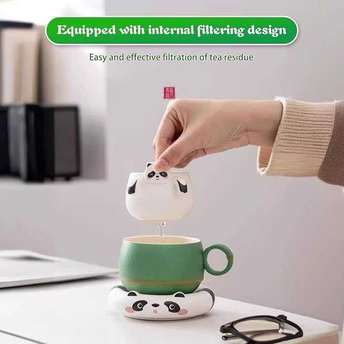 Ceramic Panda Tea Cup with Infuser and Saucer, Cute 8 oz Coffee Mug | Handmade Ceramic, Tea Cup with Filter, Birthday Gift for Women, Kids, Friends & Panda Lovers