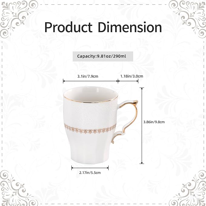 KAMMAK Ceramic Mug Set of 2, 9.8oz Elegant Coffee and Tea Cups, Vintage Breakfast Mugs, Porcelain Cup Ideal for Birthday - Afternoon Tea & Housewarming Gifts (YFH20)