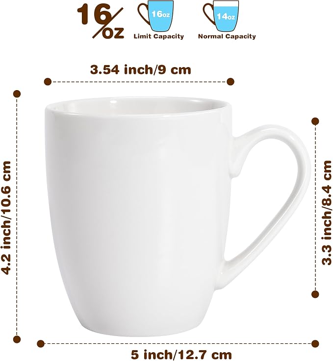 Urbanstrive 16 oz Large Coffee Mugs Ceramic Coffee Mug White Coffee Cups Tea Cups Idea Gift for Women Men House Warming Gifts New Home Office, White 1 Pack