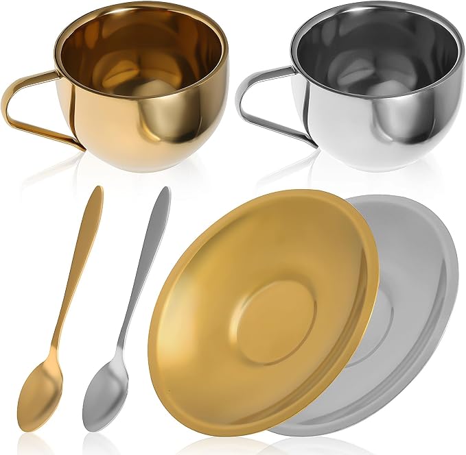 Hemoton Stainless Steel Coffee Cup Set with Saucer and Spoon 2-Piece 4.13X3.14X2.16In European Style Tea Mugs 304 Material for Home Cafe Party