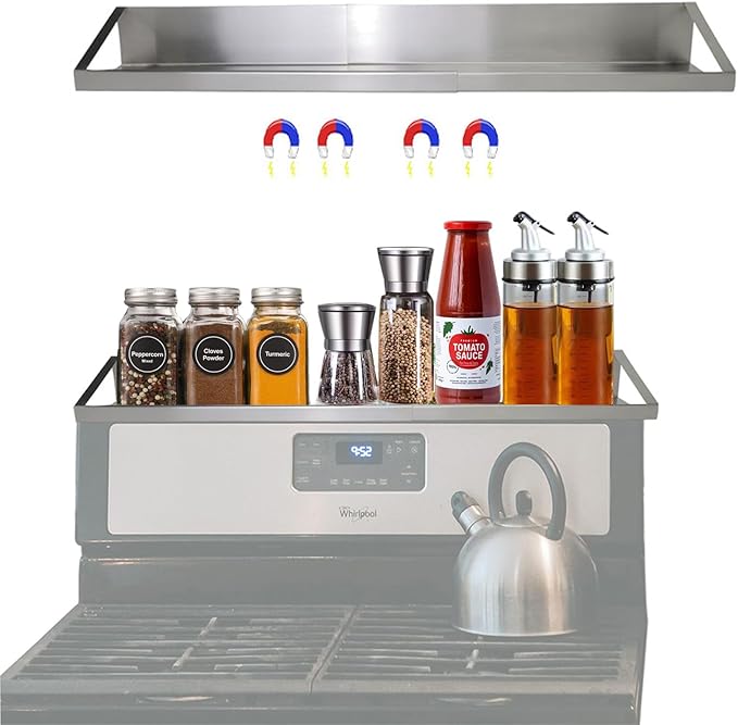 Magnetic Stove top Shelf, 304 Stainless Steel Spice Rack Over the Stove, Adjustable Seasoning Organizer, Zero Installation Kitchen Organizers and Storage