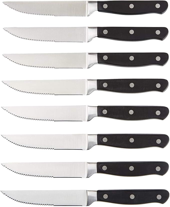 Amazon Basics 8-Piece Full Tang Stainless Steel Serrated Steak Knife Set, 4.5", Black