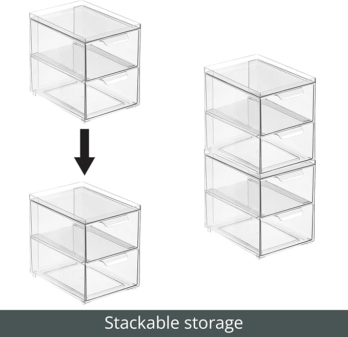 mDesign Stackable Storage Containers Box with 2 Pull-Out Drawers - Stacking Plastic Drawer Bins for Master or Guest Bathroom, Linen Closet, Vanity, or Makeup Table - Lumiere Collection - 8 Pack, Clear