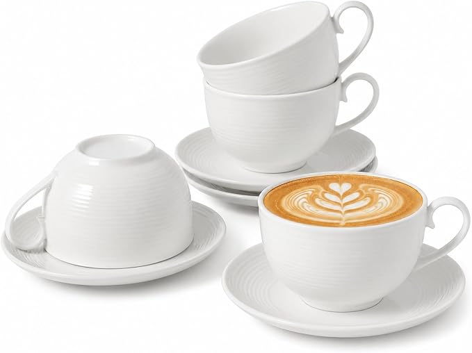 4pcs White Coffee Cups with Saucers, 12oz Ceramic Cappuccino Cups, Microwave & Dishwasher Safe, for Home, Cafe
