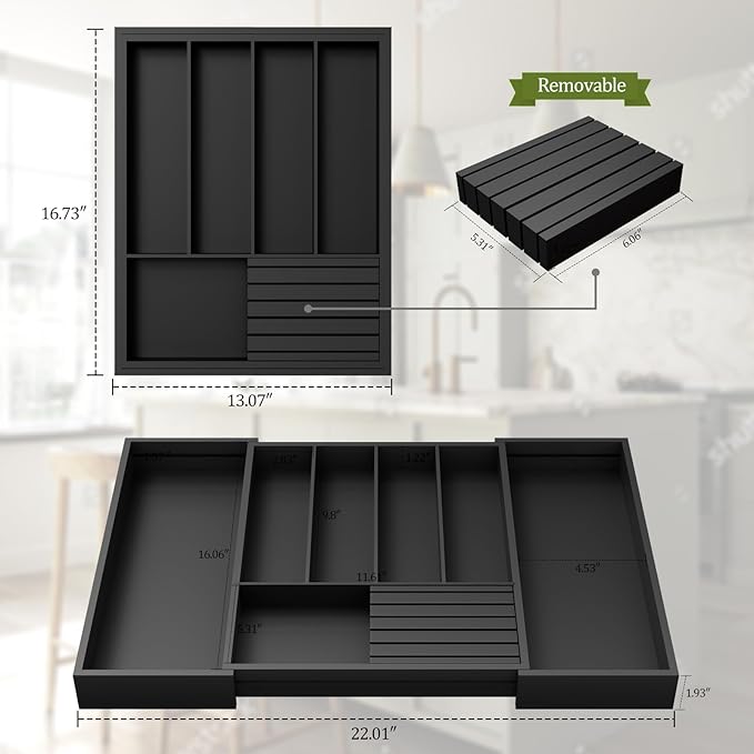Bamboo Kitchen Silverware Drawer Organizer - Expandable Wood Utensil Holder with Dividers, Luxury Cutlery Storage Tray for Kitchen Utensil and Flatware (5-7 Slots with Removable Knife Block, Black)