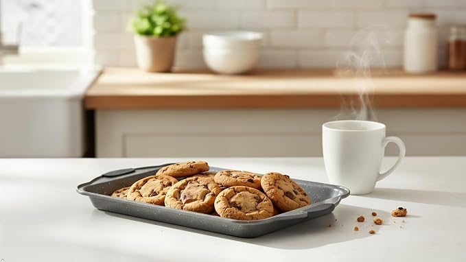 Anveena 3-Piece Nonstick Kitchen Oven Baking Pans - Premium & Stylish Non-Stick Steel, Commercial Grade Restaurant Quality Metal Bakeware with Red Silicone Handles - Easy to Clean gray