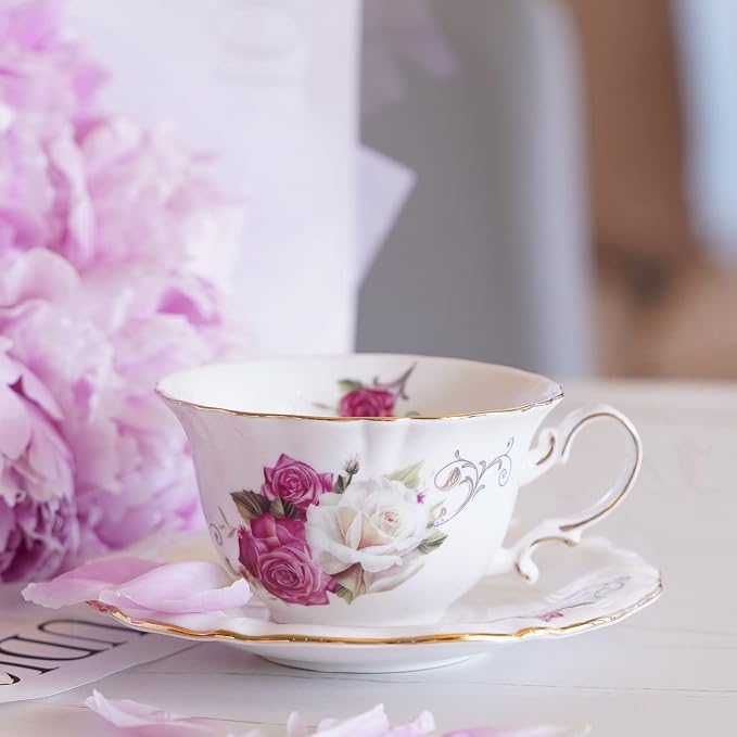 Ceramic Tea Cups Coffee Cup and Saucers Set of 4 (Rose)