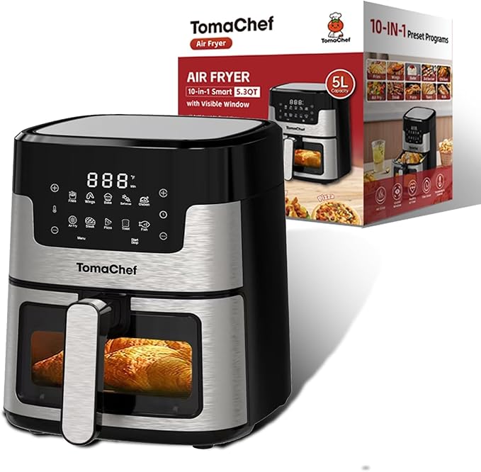 TomaChef Air Fryer 10-in-1, 5.3QT Compact Oil Free Cooker with Visible Window, Healthy Cooking, Digital Control for Family, Mothers Day Gifts for Mom, Fries, Fish, Bake, Cake, DIY（Black）