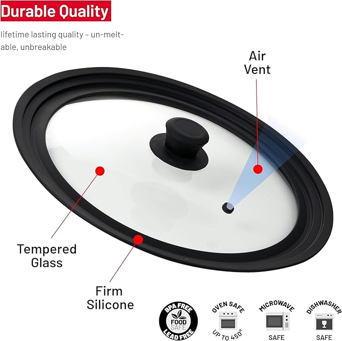 Bezrat Universal Lids for Pots, Pans and Skillets - 2-Pack Heat-Resistant Covers Tempered Glass with Silicone Rim - Fits 11”, 12”, 12.5” Cookware - For Cooking, Dishwasher Safe