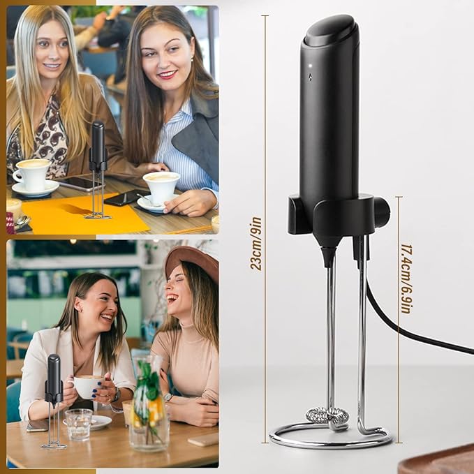 Rechargeable Milk Frother Handheld for Coffee, Stirrers Electric Whisk with Wall Mounted Stand, Drink Mixer Hand Frother Wand for Coffee, Matcha, Frappe, Hot Chocolate and Lattes(Black)