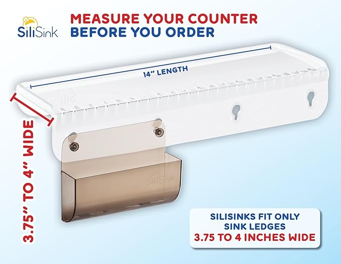 SiliProducts SiliSink Silicone Edge Guard for Kitchen Sink - Fits 3.75” - 4” Wide - The Original Silicone Sink Edge Protector with Sponge Caddy - Splash Guard, 14” Clear Diamond