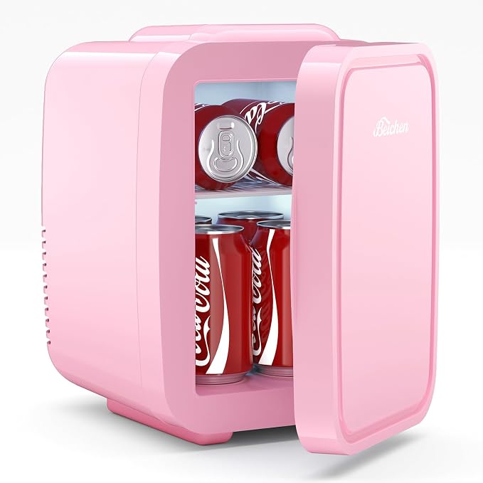 BEICHEN Mini Fridge, 4 Liter/6 Can Portable Refrigerator for Bedroom Office Dorm Car– Fast Cooling, Low Noise, 100-125V AC/5-12V USB Small Compact Refrigerator for Skincare, Food, Drinks(Pink)