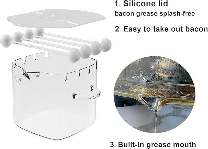 Glass Microwave Bacon Cooker, Microwave Popcorn Popper, 100oz Glass jar with Silicone Lid, Ramen Noodle Bowl and Vegetable Steamer, with Removable Glass skewer, Make 16pcs bacon one time