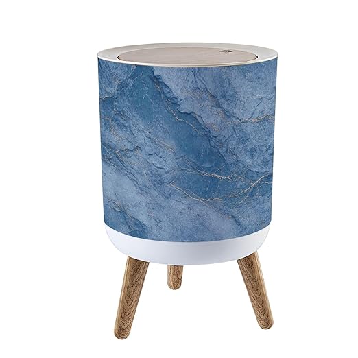 Trash Can with Lid Blue marble stone White veins Emperador Italian glossy granite marble Press Top Round Small Garbage Bin with Wooden Legs Waste Basket for Kitchen Bedroom Nursery 7L/1.8 Gallon