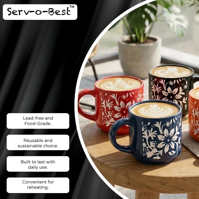 Servo Best Handmade Ceramic Coffee Mugs Set Of 4, 8Oz Comfortable Handle, Porcelain Mug for Latte, Tea, Cappuccino, Milk, Cocoa, Microwave & Dishwasher Safe, Cups for housewarming Gift set