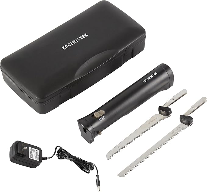 Restaurantware-Kitchen Tek Electric Knife Set, 1 Electric Knife With Motorized Handle - Includes 1 Bread and 1 Carving Tool, 1 Case, Black Plastic Food Cutter With Stainless Steel Blades